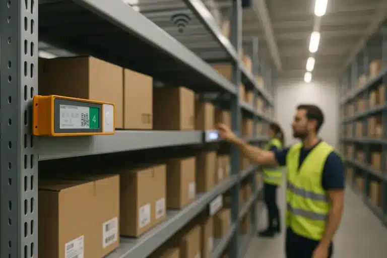 Warehouse worker following wireless pick-to-light system for faster and error-free order picking – SureSolutions automation solution