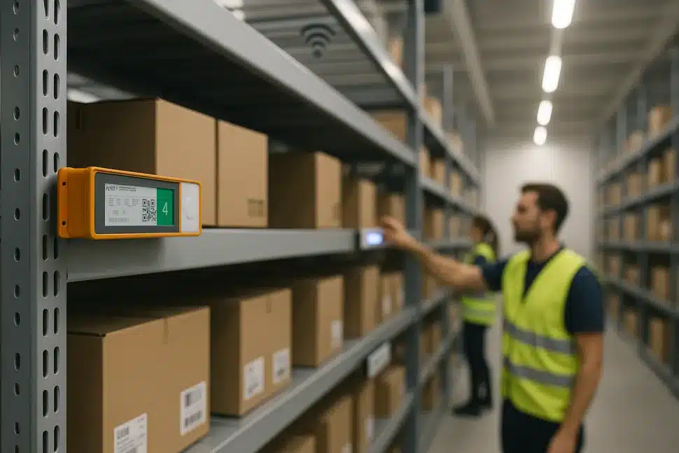 Warehouse worker following wireless pick-to-light system for faster and error-free order picking – SureSolutions automation solution