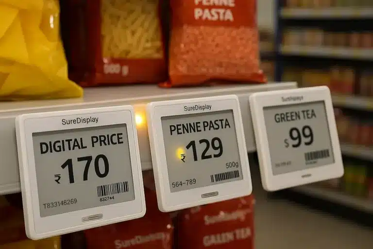 ESL Display India – SureDisplay™ electronic shelf labels showing digital prices in retail store
