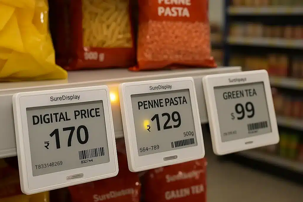 ESL Display India – SureDisplay™ electronic shelf labels showing digital prices in retail store